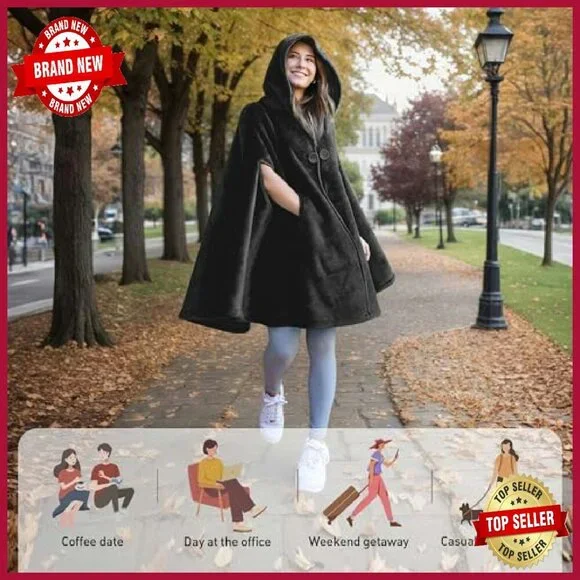Oversized Sherpa Fleece Hooded Poncho Cape Wearable Blanket One Size - Picture 5 of 8